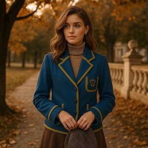 Baja Blue Blazer Jacket Chartreuse Trim Crest Patch Preppy Mod Vintage Style